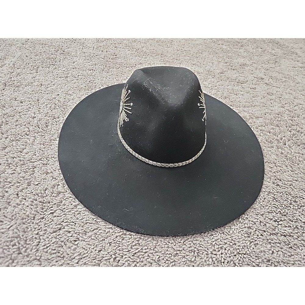 Amenapih Paris Fedora Hat Womens M Black Wool Beaded Sacred Heart Wide Brim